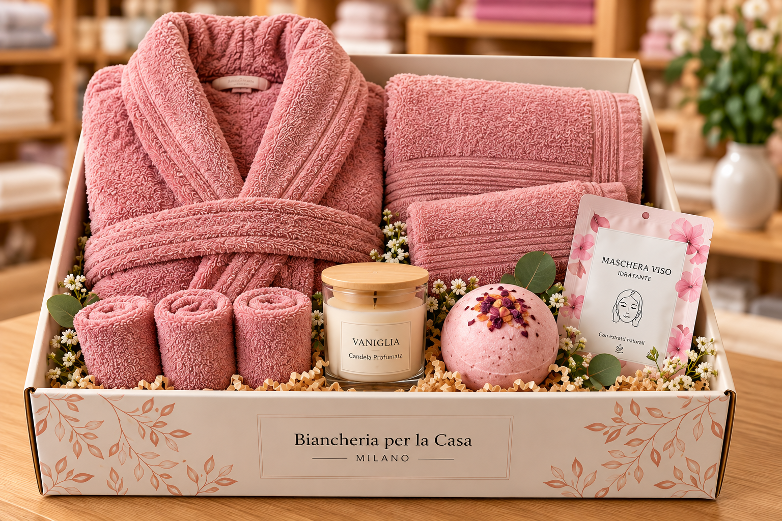 Box Relax: cofanetto completo con biancheria da bagno rosa e accessori benessere